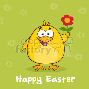 8604 Royalty Free RF Clipart Illustration Happy Easter With Yellow Chick Cartoon Character With A Red Daisy Flower Vector Illustration With Background