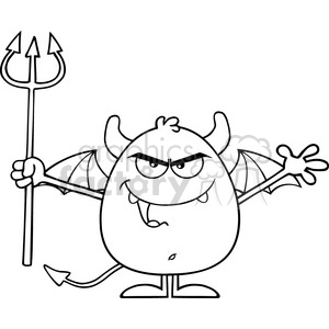 8961 Royalty Free RF Clipart Illustration Black And White Angry Devil Cartoon Character Character Holding A Pitchfork Vector Illustration Isolated On White