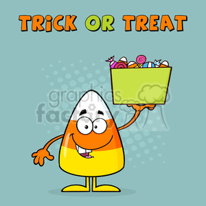 8878 Royalty Free RF Clipart Illustration Smiling Candy Corn Cartoon Character Holds A Box With Candys Vector Illustration With Background And Text