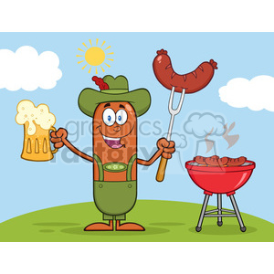   Illustration of German Oktoberfest Sausage Cartoon Character Holding A Beer And Weenie Next To BBQ Vector 