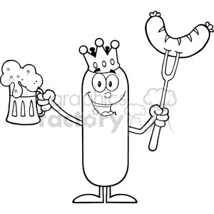 8451 Royalty Free RF Clipart Illustration Black And White Happy King Sausage Cartoon Character Holding A Beer And Weenie On A Fork Vector Illustration Isolated On White