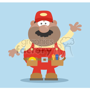 8532 Royalty Free RF Clipart Illustration African American Mechanic Cartoon Character Waving For Greeting Flat Style Vector Illustration With Background