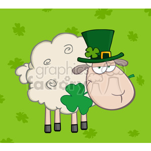 Royalty Free RF Clipart Illustration Irish Sheep Carrying A Clover In Its Mouth On A Green Background