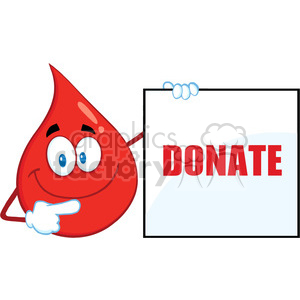 A smiling blood drop cartoon character holding a sign that says 'DONATE'.