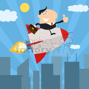 8340 Royalty Free RF Clipart Illustration Manager Flying Over City And Giving Thumb Up Flat Style Vector Illustration