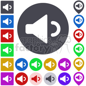 A collection of multicolored volume down icons featuring a speaker symbol with a sound wave. The icons are shown in various circular and pin shapes, representing audio control and sound adjustment.