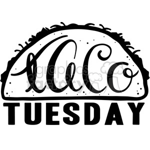   The clipart image shows a hand-drawn calligraphy design with the words "Taco Tuesday" written in a stylized script font, surrounded by decorative flourishes and illustrations of tacos. It is likely intended to be used as a graphic design element for promoting or celebrating Taco Tuesday events or specials.
 