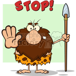 A cartoon caveman holding up a hand with the word 'STOP!' above him, wielding a spear.