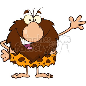 A humorous cartoon illustration of a caveman with a big nose, shaggy hair, and a leopard-print loincloth waving.