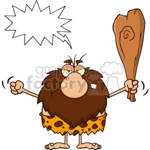 A cartoon illustration of a comical caveman holding a wooden club with an empty speech bubble.