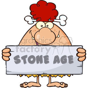 funny red hair cave woman cartoon mascot character holding a stone sign with text stone age vector illustration