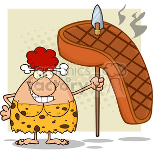 Cartoon caveman character with red hair and a bone in hair, wearing a leopard print outfit, holding a large grilled steak on a spear.