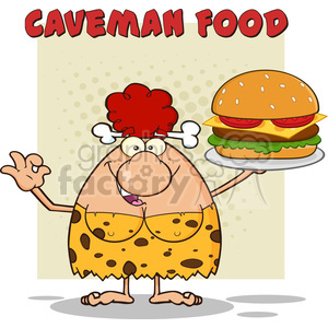 A cartoon cavewoman holding a large hamburger on a tray, with the text 'Caveman Food' above her, depicting a humorous Stone Age theme.