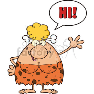 Cartoon illustration of a cheerful cavewoman with curly hair and a bone in her hair, wearing a spotted orange dress, waving and saying 'Hi!' in a speech bubble.