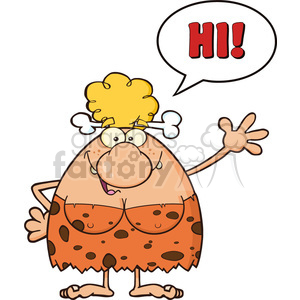 happy cave woman cartoon mascot character waving and saying hi vector illustration