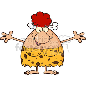 A cartoon illustration of a cavewoman with a humorous expression, wearing a yellow spotted dress and a red hair accessory with a bone.