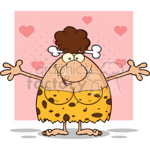 smiling brunette cave woman cartoon mascot character with open arms vector illustration isolated on pink background with hearts