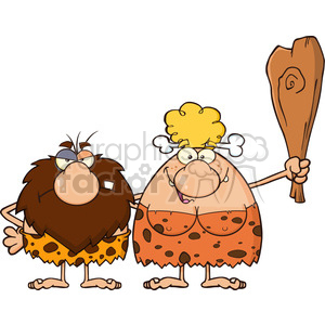 The image displays a comical illustration of a caveman and a cavewoman. The caveman is on the left and has a stern expression, unkempt brown hair, a large nose, and is wearing a brown, spotted animal skin as clothing. He has his arm akimbo and is frowning. The cavewoman on the right has wild blond hair, also a large nose, and is clad in an orange, spotted animal skin dress. She is smiling and holding a large club in her right hand.