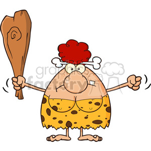 A comical cartoon of a cavewoman with wild red hair, holding a large wooden club and wearing a yellow, spotted outfit.