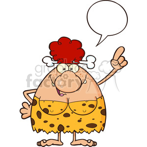 A cartoon illustration of a cheerful cavewoman with red hair, wearing a yellow spotted dress, pointing up with a speech bubble above her.