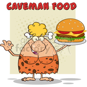 A cartoon cavewoman with blonde hair wearing a bone headband and a spotted dress, holding a large hamburger on a plate. The text 'Caveman Food' is above her.