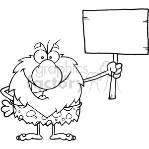   black and white happy male caveman cartoon mascot character holding a wooden board vector illustration 