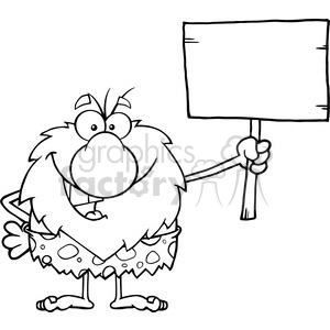 A humorous cartoon caveman holding a blank sign, wearing a stone age outfit.