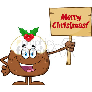 A cheerful Christmas pudding cartoon character holding a sign with 'Merry Christmas!' text, decorated with holly and berries.