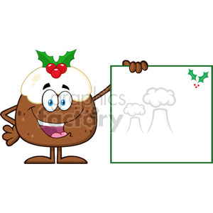 Christmas Pudding Cartoon Character with Blank Sign