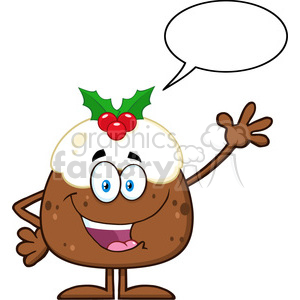 royalty free rf clipart illustration happy christmas pudding cartoon character waving with speech bubble vector illustration isolated on white
