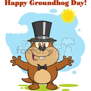 royalty free rf clipart illustration smiling marmot cartoon character with open arms in groundhog day vector illustration with background and text
