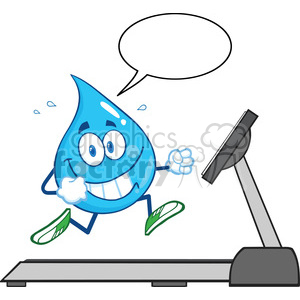 A cheerful blue water droplet cartoon character jogging on a treadmill, with a speech bubble above its head.