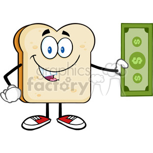 royalty free rf clipart illustration cute bread slice cartoon mascot character holding a dollar bill vector illustration isolated on white