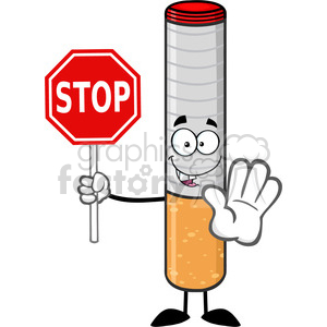 Clipart image of an anthropomorphic cigarette character holding a stop sign and gesturing to stop with its hand.
