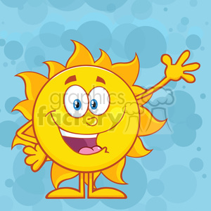 10107 happy sun cartoon mascot character waving for greeting vector illustration over blue background