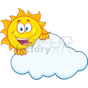 happy summer sun mascot cartoon character hiding behind cloud vector illustration isolated on white background