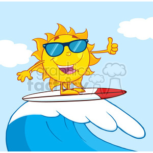 surfer sun cartoon mascot character with sunglasses riding a wave and showing thumb up vector illustration with background
