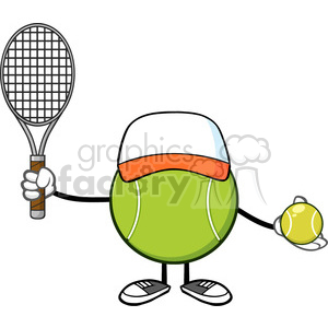 10304 tennis ball faceless player cartoon mascot character with hat holding a tennis ball and racket vector illustration isolated on white background