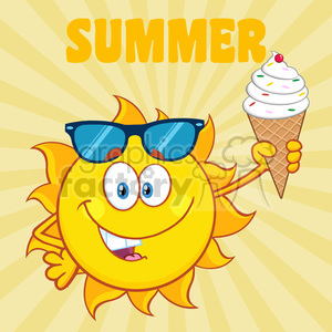cute sun cartoon mascot character with sunglasses holding a ice cream vector illustration with sunburst background and text summer