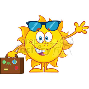 10158 smiling summer sun cartoon mascot character with sunglasses carrying luggage and waving vector illustration isolated on white background