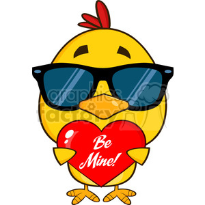 A cute yellow chick wearing sunglasses, holding a red heart with the text 'Be Mine', symbolizing love and Valentine's Day.