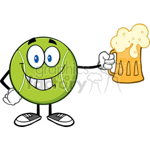 smiling tennis ball cartoon character holding a beer vector illustration isolated on white