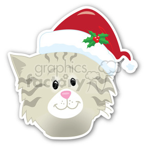 A cute cat clipart wearing a Santa hat with holly, perfect for Christmas holiday stickers.