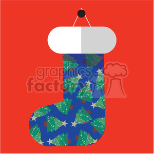 A flat design Christmas stocking in blue, adorned with a pattern of Christmas trees and stars, set against a red background.