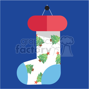 A colorful Christmas stocking with a red cuff and a pattern of decorated Christmas trees on a white background, set against a blue backdrop.