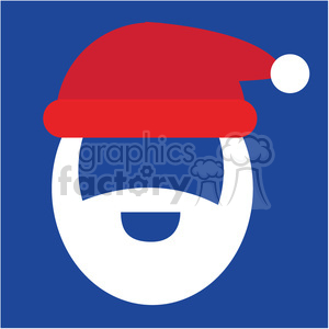 Minimalist flat design of Santa Claus with a red hat and white beard on a blue background.