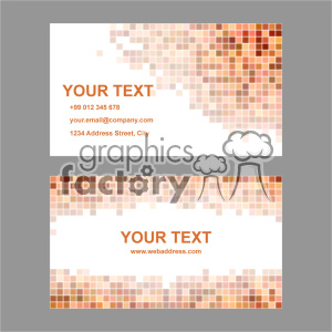 Clipart image showing a set of two business cards with a modern, pixelated design in shades of orange, yellow, and brown. Each card features space for customizable text which includes a name, contact information, address, and website.