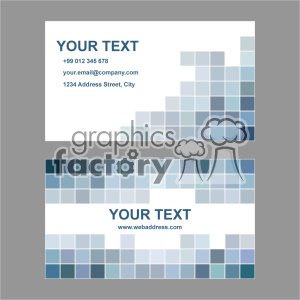 A set of two modern business cards featuring a minimalist design with a grid of blue and gray squares. The top card includes placeholders for a phone number, email address, and physical address. The bottom card features a prominent website address.