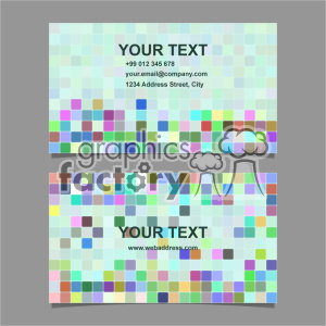 Clipart image of two business cards with a colorful, pixelated background design. Both cards have spaces for customizable text including phone numbers, email addresses, physical addresses, and website URLs.