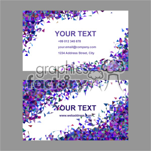 Colorful business card design with a vibrant geometric triangular pattern in purple, blue, and pink hues. The card includes placeholders for text content such as contact information and website address.